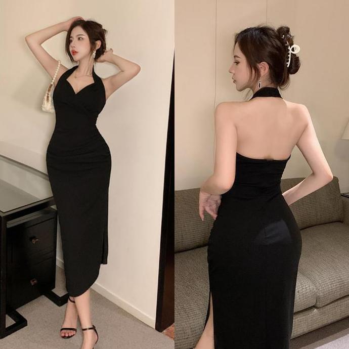 Kleid- 7896 Midi Dress Pink Gaun Wanita Panjang Formal Press Body Korea Dress Import Wanita Halter