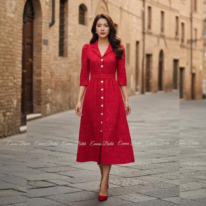 Kleid- Emma Butik E00196 Midi Dress Jacquard Gaun Wanita Formal Dress Kancing Dress Gereja Mewah Pan
