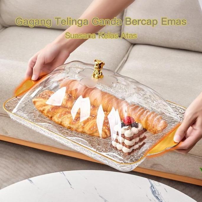 Baki Emas Deluxe Nampan Handle Gold Plastik Transparan Wadah Perhiasan Buah Snack Bulat Simple Tatak