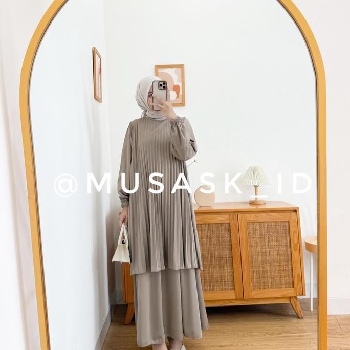 Uprelig- Tunik Plisket / Oneset Plisket Payung Polos / Setrok Setelan Rok Oneset Malaysia Plisket / 