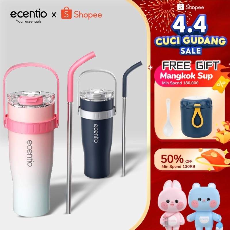 [tumbler 1200ml] ecentio Tumbler Stainless Steel 304 Tahan Dingin Botol Minum 1200ml Dengan Straw Po