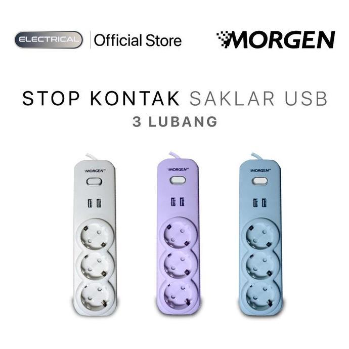 MORGEN STOP KONTAK MG-7303-USL T 3 LUBANG  SAKLAR USB  KABEL 1,5 METER ORIGINAL DAN TERPERCAYA
