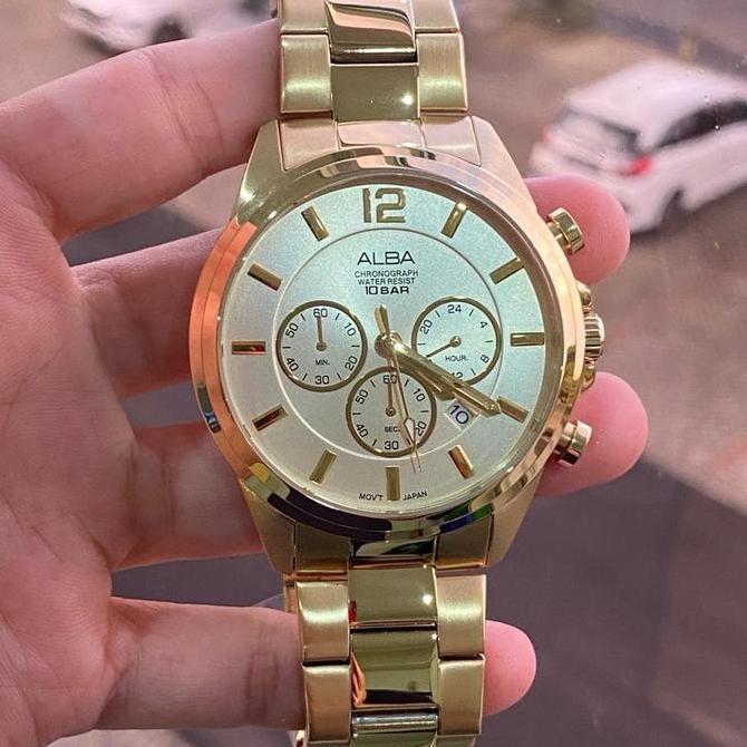 ALBA Analog Jam Tangan Pria Rantai Gold AT3G08X1 Original Bergaransi