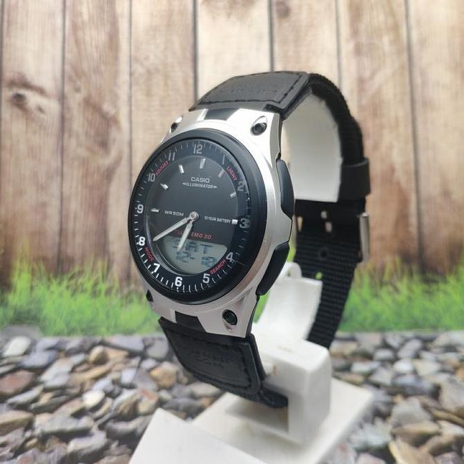 Jam Tangan Pria Casio Analog Digital Tali Kanvas AW-80 Custom Original