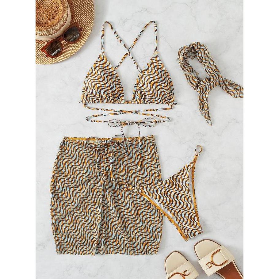 Bikini 4 Piece Bra Segitiga dengan Outer dan Bandana Tali Silang Punggung Motif Ombak