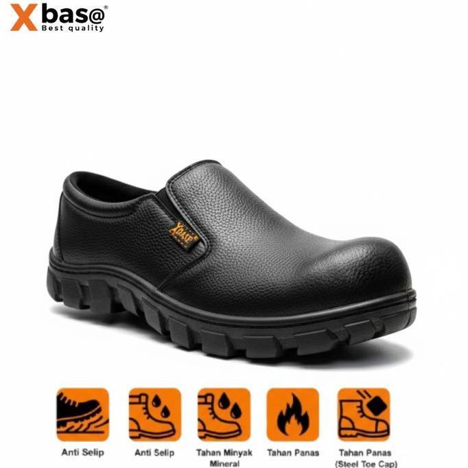 NEW SEPATU SAFETY SLIP ON XBAS@ SEPTI PRIA UJUNG BESI SEPTY KERJA LAPANGAN PROYEK HITAM SHOES ORI