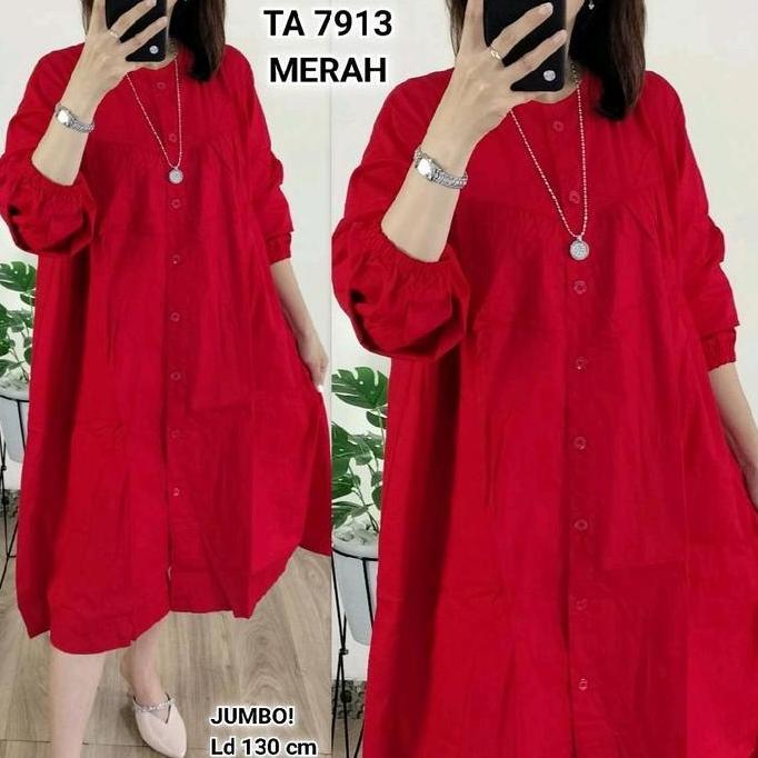 Tunik Jumbo Polkadot Ld 130 Katun Poplin TA 9140, Muslim Wanita Panjang Merah Busui Oversize Dewasa 