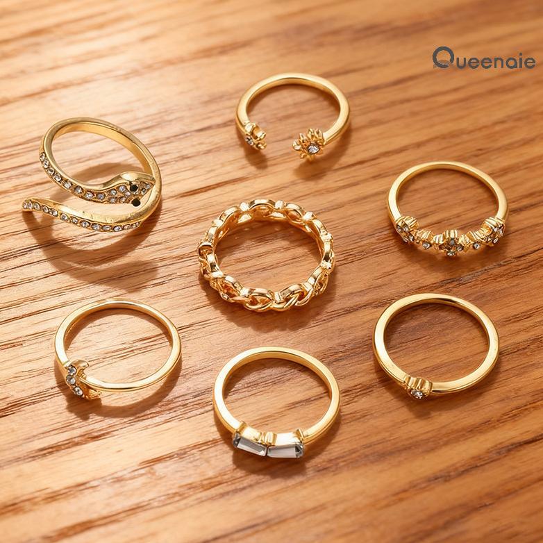 NEW PROMO Queenaie Cincin Set Ring 7pcs / Set Cincin Rantai terbuka Gaya Retro Korea Untuk Aksesoris