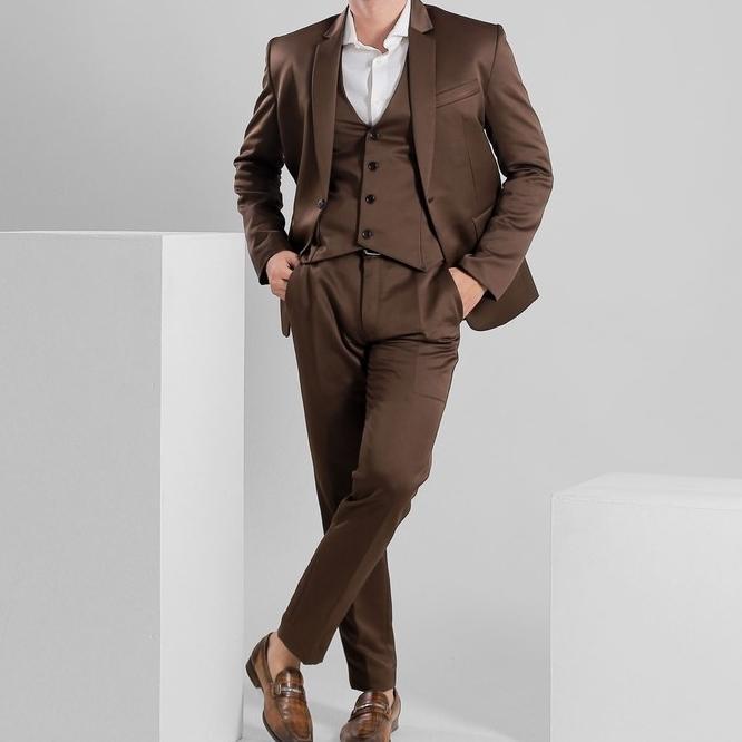 3 In 1 Set Jas Formal Pria Tuxedo Warna Coklat Cokelat Setelan Pria Blazer  Rompi Vest Celana Bahan