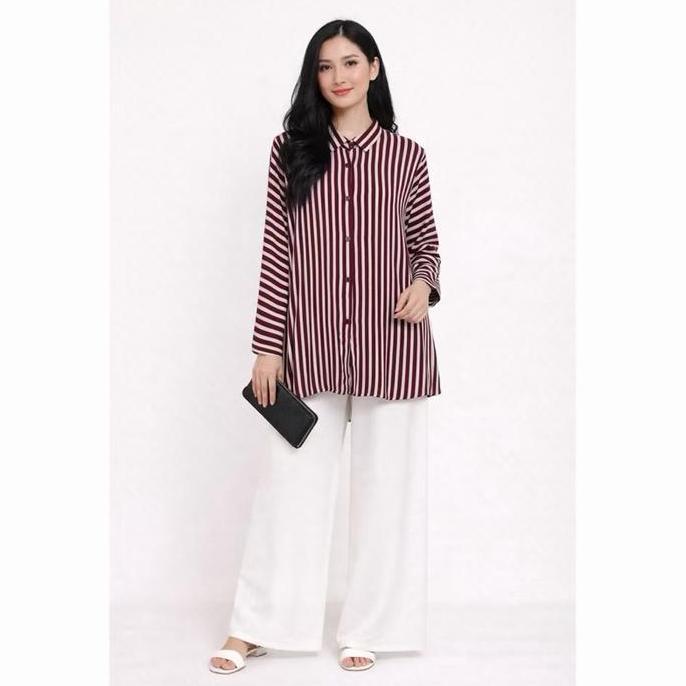 Stripe One Set celana setelan wanita - tunik stripe - kulot putih