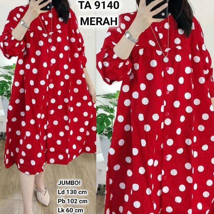 Tunik Jumbo Polkadot Ld 130 Katun Poplin TA 9140, Muslim Wanita Panjang Merah Busui Oversize Dewasa 