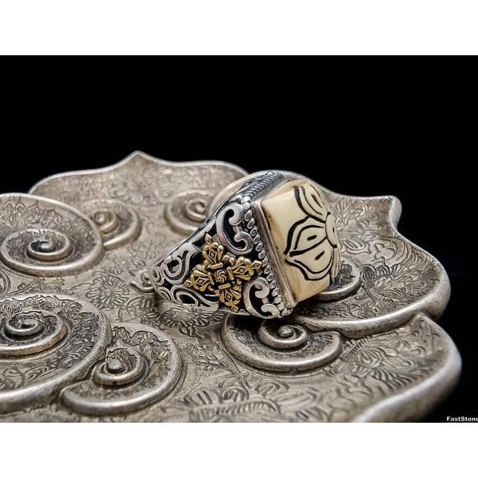 Cincin Silver Gadin Mamut Vajra Ukiran Kuno Ajustable Ring Blessed Tibet 15x14mm E2347