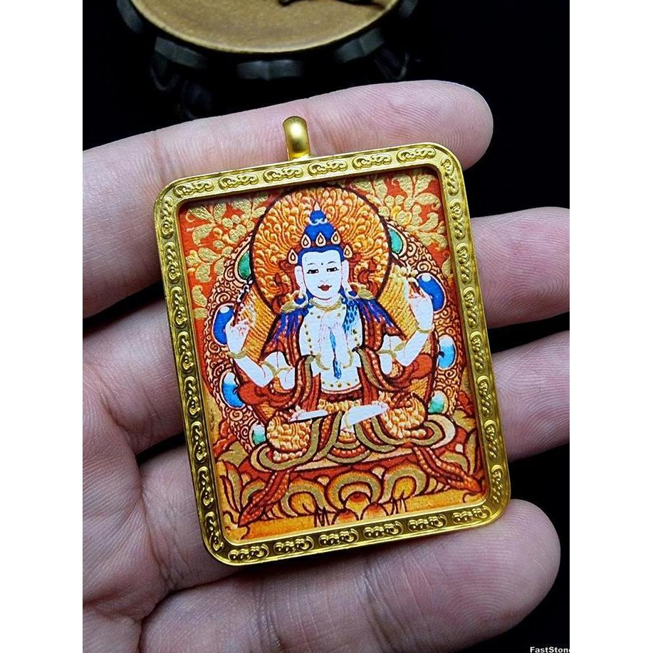 Liontin Lukisan ThangKa 4Arms Dewi KwanIm Bodhisattva Tibet 51mm E1893