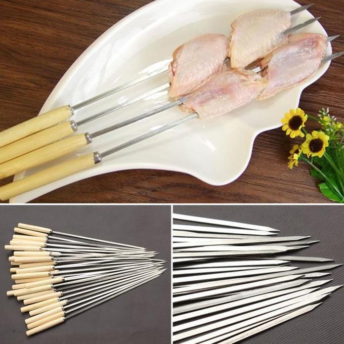 tusuk sate stainless gagang kayu Tusuk sate bisa dicuci tusuk barbeque