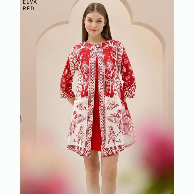 Evercloth Elva Dress Batik Lengan Panjang Tunik Batik Couple Batik Modern Dress Wanita Slimfit Serag