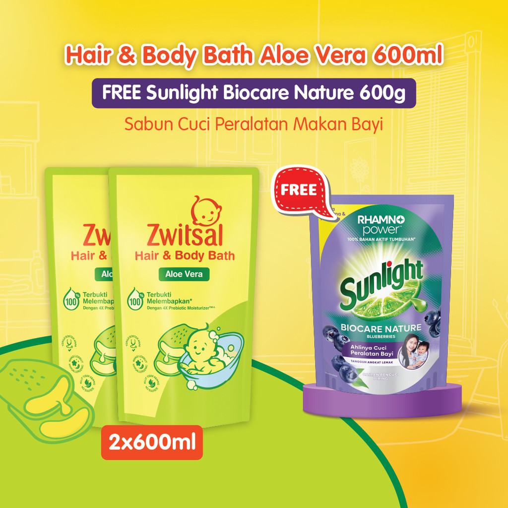 Buy 2 Zwitsal Baby Bath Hair & Body Aloe Vera 600ml Sabun Bayi GET Sunlight Biocare Nature Sabun Cuc