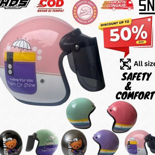 Helm HDS Retro Classic Motif Lucu SNI untuk Pria Wanita Dewasa helmbogofullstickerstm