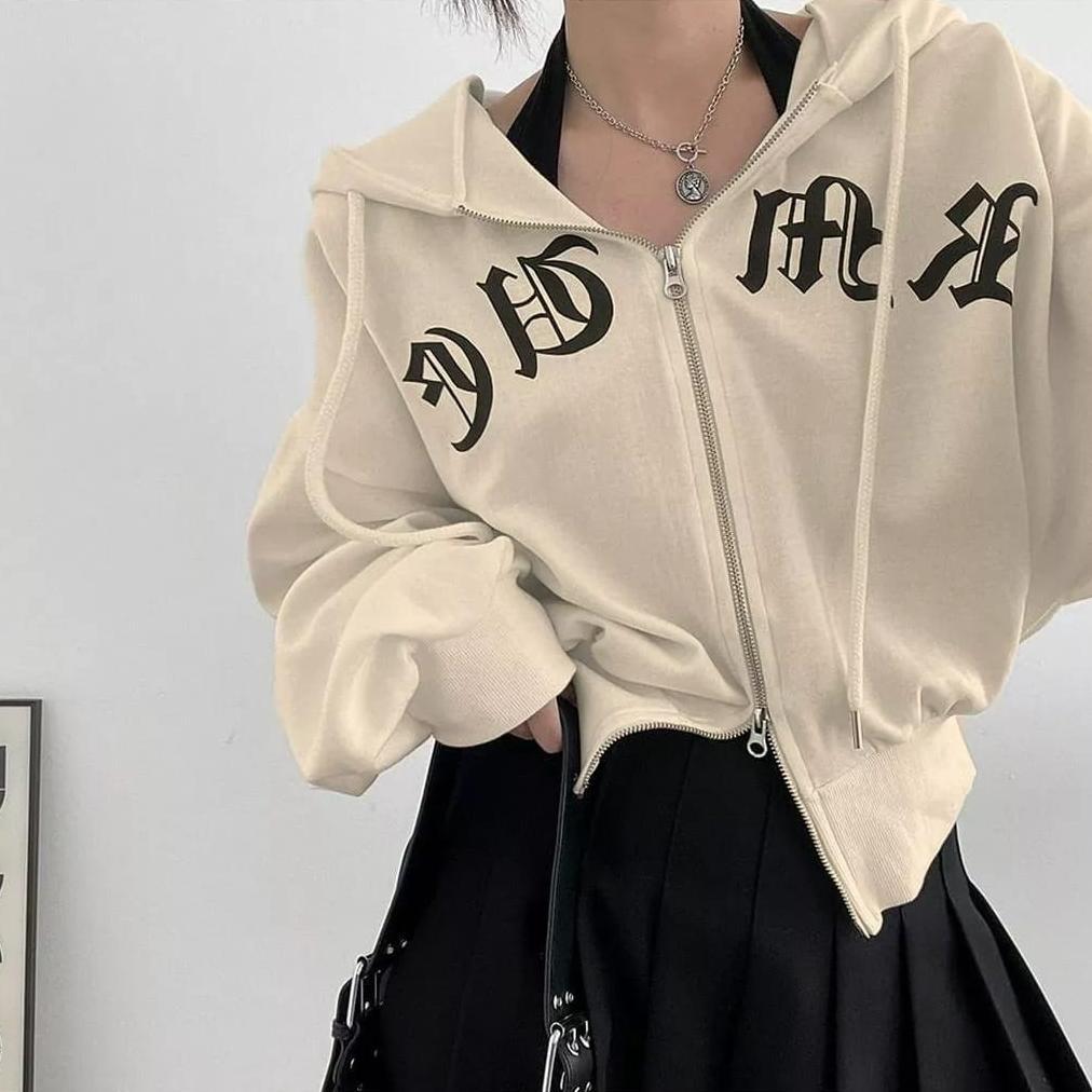 Cuci Gudang Tf - Japanese Double Zipper Jaket Wanita Crop Korean Style Hoodie Remaja Dewasa Kekinian