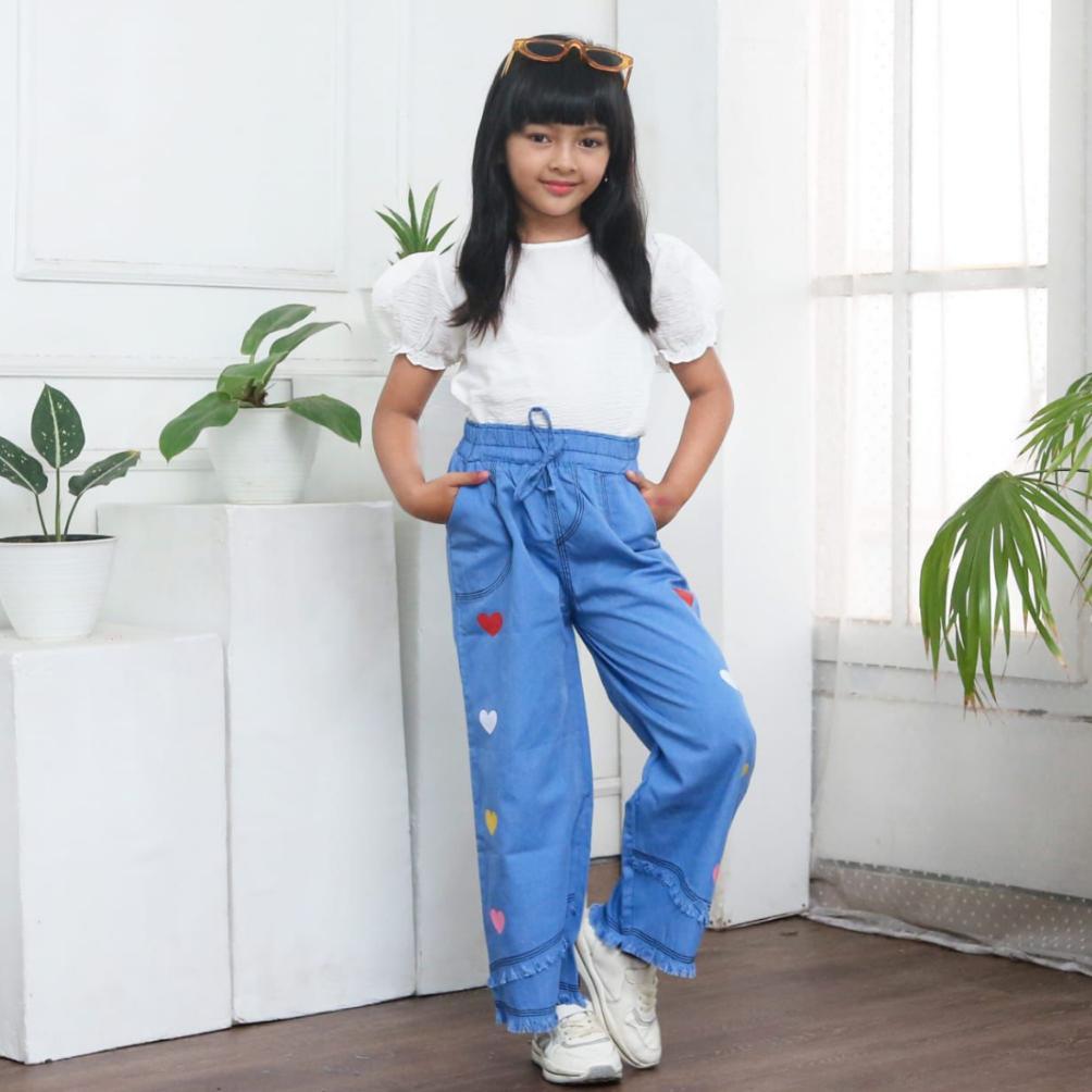 Limited Celana Anak Perempuan Kulot Denim Bahan Jeans Washed Warna Snow Blue Model Terbaru 2024 Untu