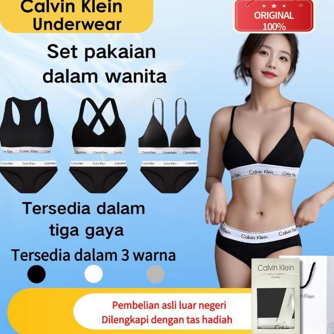 Set Pakaian Dalam Wanita Calvin Klein Asli - Bra Olahraga Tanpa Kawat dan Celana Dalam Bikini Set