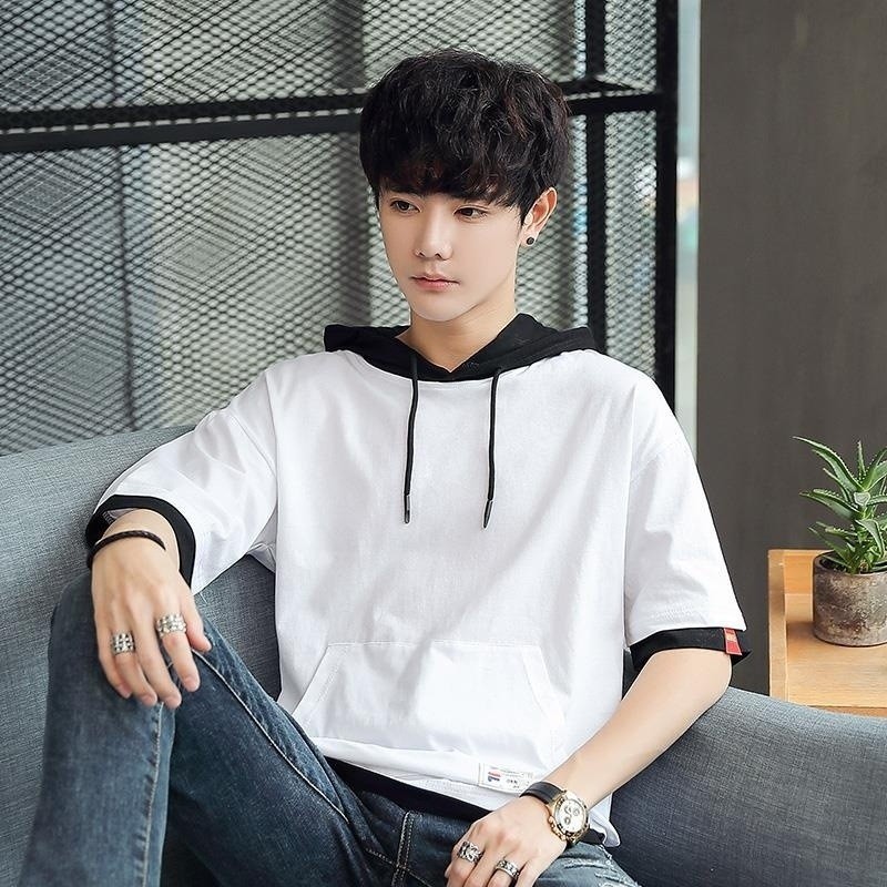 Hoodie Pria Gaya Jepang Musim Panas Versi Korea Lengan Pendek T Baju Kaos