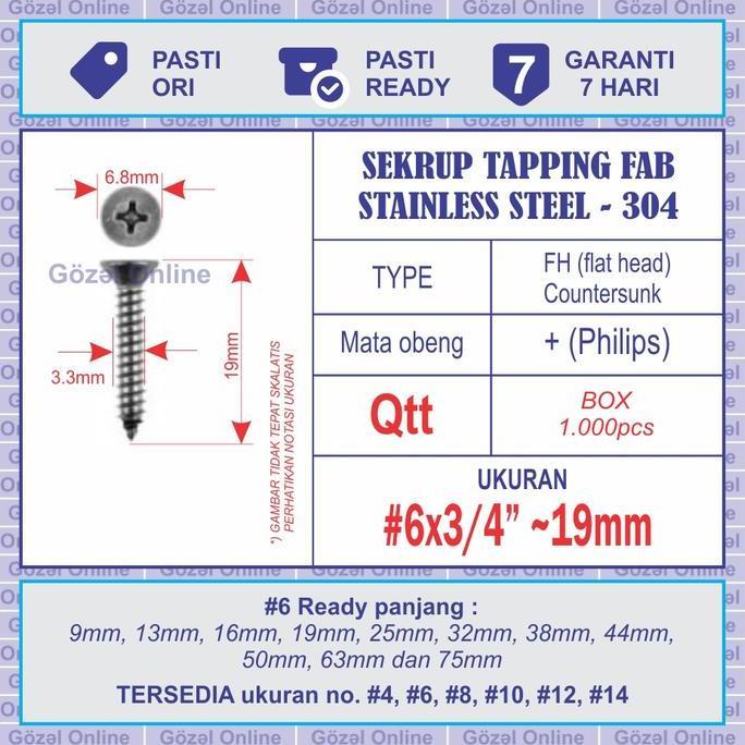 NEW Sekrup stainless FAB no. 6 x19mm - ST 3.5 x 3/4" - BOX isi 1000pcs