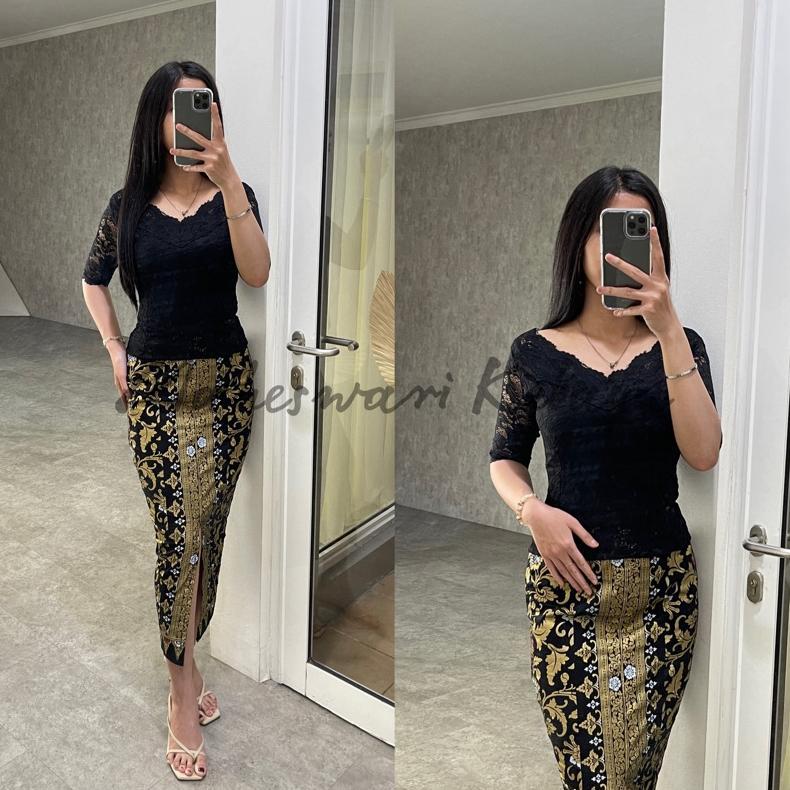 Free Ongkir Kebaya Bali Set Brukat Sabrina Hitam V-Neck Brokat