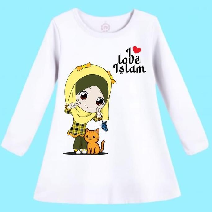 COD Dress Tunik Motif Gambar Kartun Gamis MUSLIM HIJAB Kuning Anak Perempuan Lengan Panjang Usia 3-1