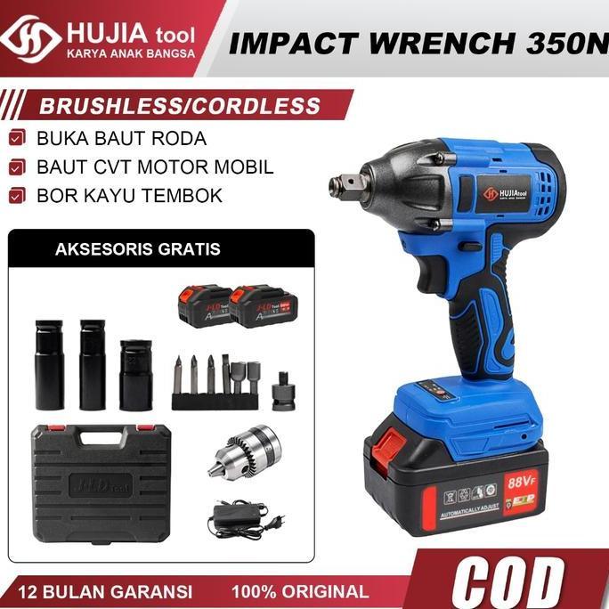 Sale Hujia Impact Wrench Cordless 350N.M Impact Baterai 88Vf Brushless Impact Murah Promo Impek Buka