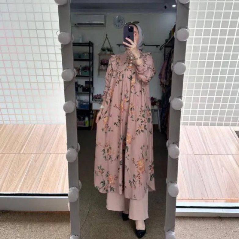 OFFICIAL SETELAN LONG TUNIK  MOTIF BUNGA JASMINE KECIL BAHAN RAYON DIAMOND CELANA CRINGKEL