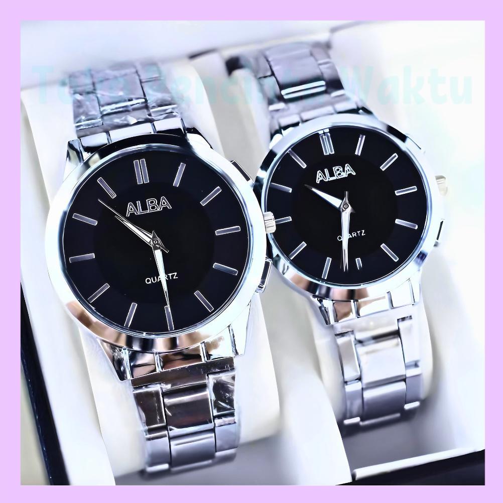 original (cod) jam tangan couple alba full hitam dan pria wanita premium dengan tali rantai/stell - 