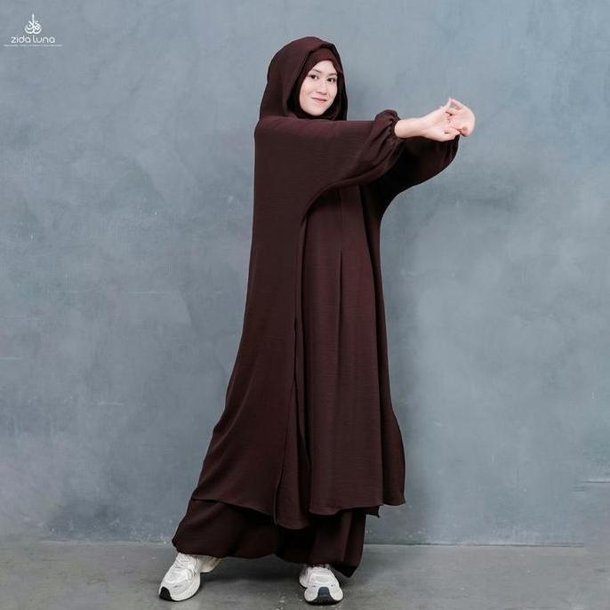 Zida Luna Mecca Set Hoodie Sporty & Celana Sirwal Panjang Bahan Crinkle Premium Hitam Setelan Olahra