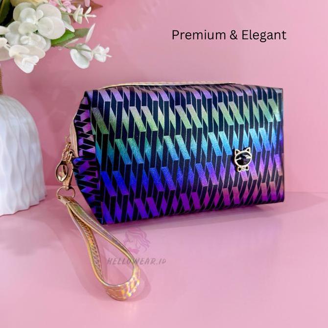 TERLARIS MOMIU Tas Kosmetik KATTY Makeup Bag Hologram Tempat Pensil lucu Travel Pouch Serbaguna Cute