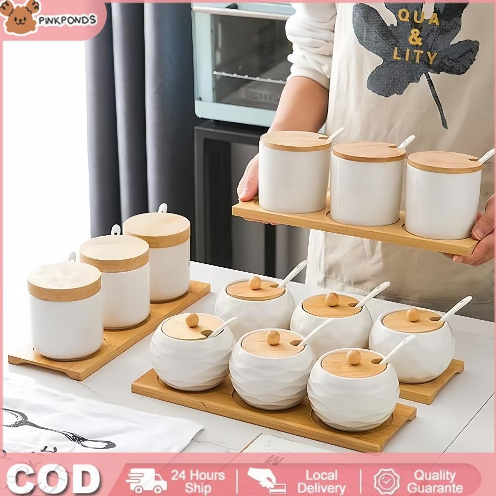 Set Toples Keramik Dapur Set 3 Toples Bumbu Keramik Set 3 Buah Toples Bumbu dan 1 Wadah Kayu Diskon