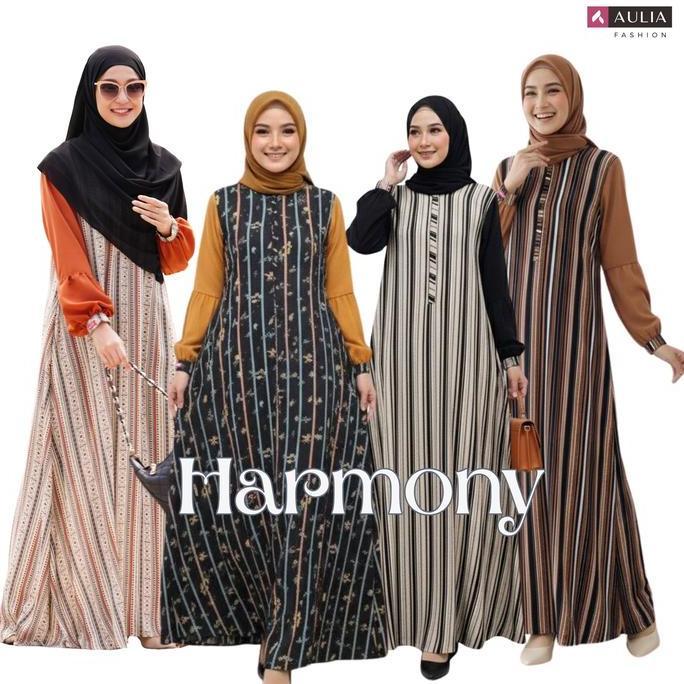 Aulia Fashion Gamis HARMONY Dress panjang rayon motif bahan perpaduan viscose dan nirmala lengan bal
