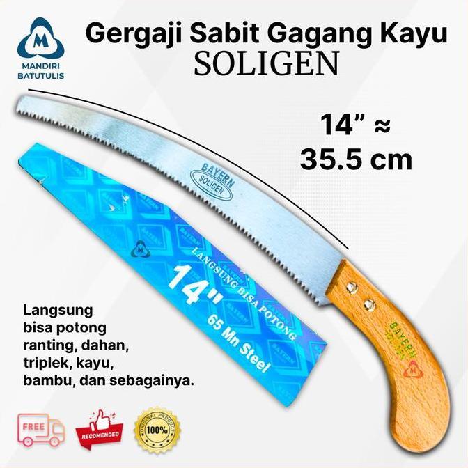 Gergaji Lengkung - Gergaji Sabit 14" SOLIGEN Gagang Kayu - Gergaji Dahan Kayu Pruning Saw - Serbagun