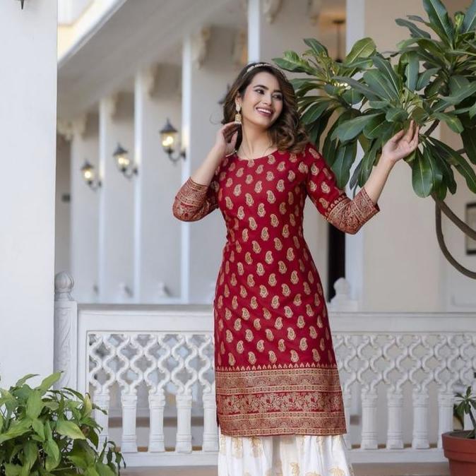 Laqueens Surhi sharara set maroon red gold white putih merah kurta baju India kurti kondangan mewah 