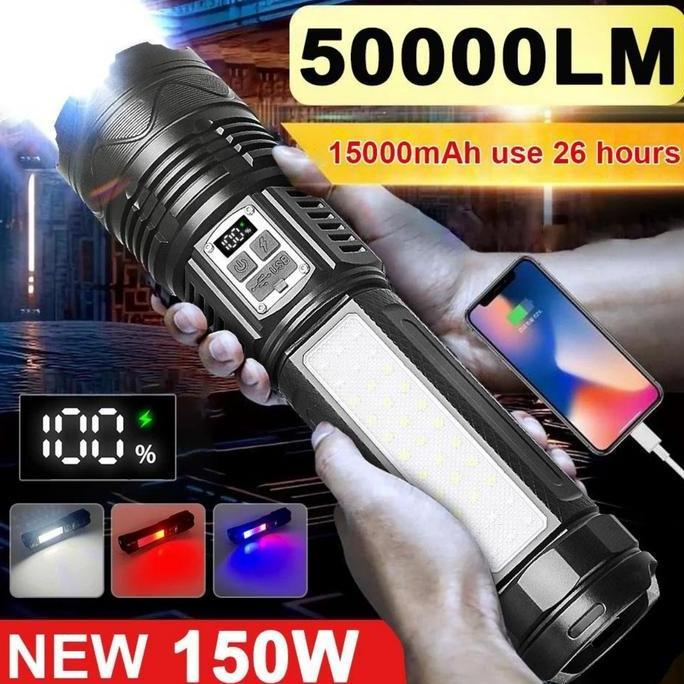 Baru Senter LED S71 Super Terang dengan Sumber Cahaya Ganda 50000 Lumens 26650 Senter Taktis dengan 