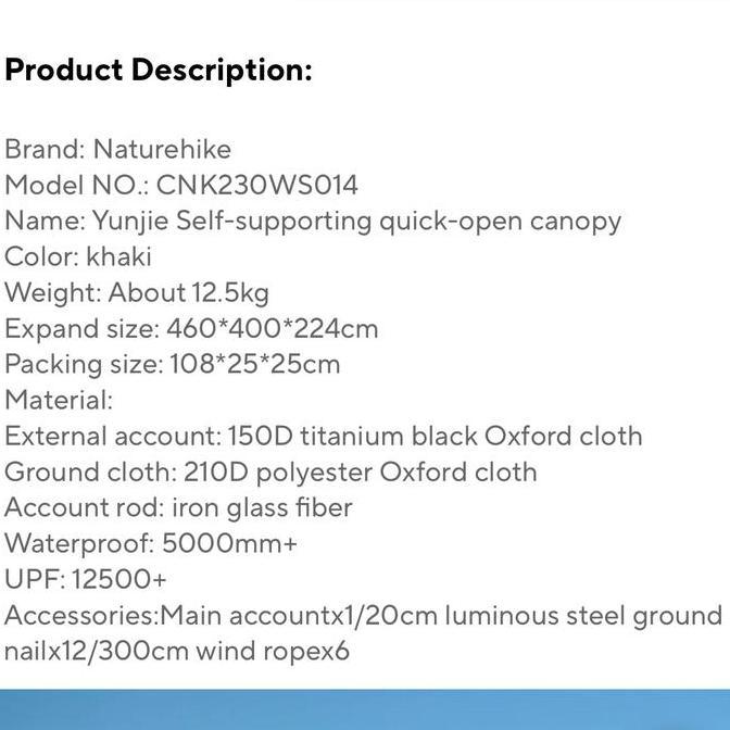 NATUREHIKE Yunjie Self Supporting Hexagonal Quick Open Canopy Shelter Cloud World Hexagon Tenda Kano