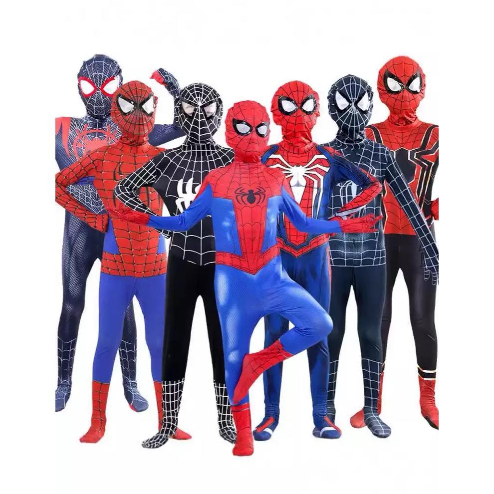 Kostum Spiderman Merah Hitam Baju Cosplay Superhero Anak Dan Dewasa + Topeng