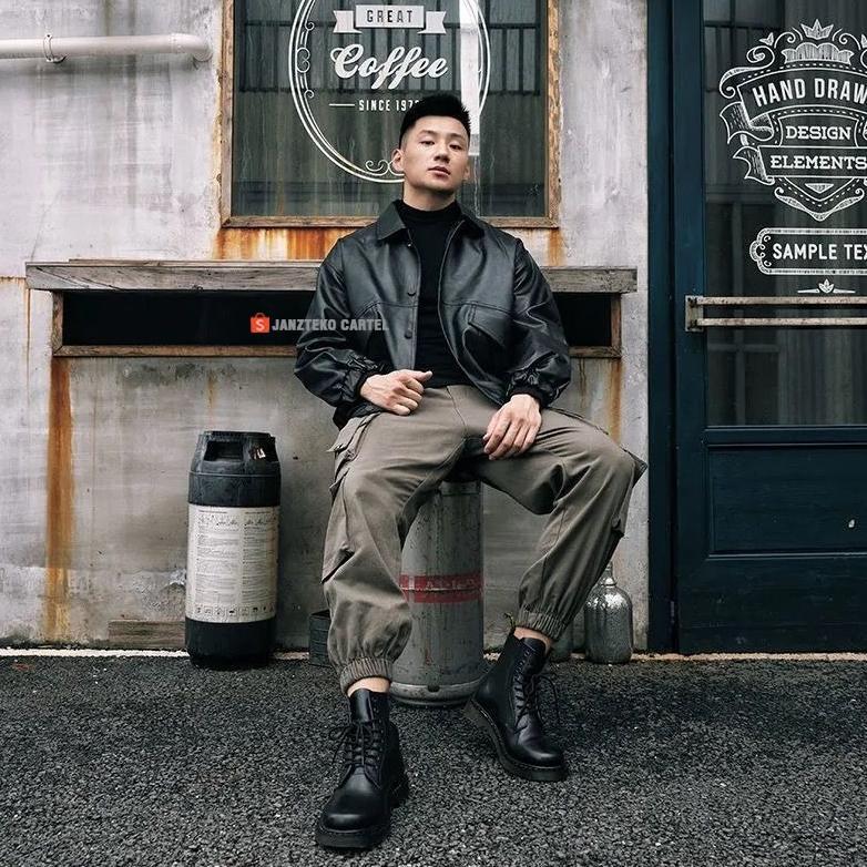 TERLARIS JNK X MINJON - JAKET PRIA BOMBER TACTICAL OVERSIZE RETRO BAHAN SEMI KULIT SINTETIS VIENA FA