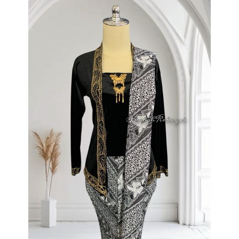 Best Seller Setelan Kebaya Kutu Baru Bordir Warna Hitam / Kebaya + Selendang + Jarik Wiru
