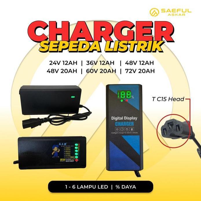 Charger 24V 36V 48V 60V 72V 12Ah 20Ah 30-35Ah 52Ah 2LED Sepeda Listrik Motor Listrik