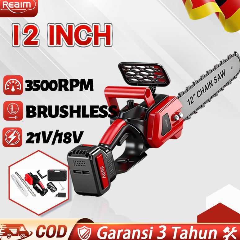 Reaim Chainsaw Cordless 12 Inch 21V - Gergaji Mesin Listrik Brushless Portable & Ringan Untuk Potong