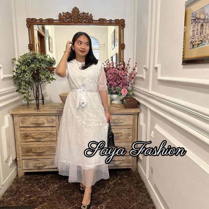 Dress Brokat Kombi Tile Putih Premium 339 Dress Panjang Pesta Cantik