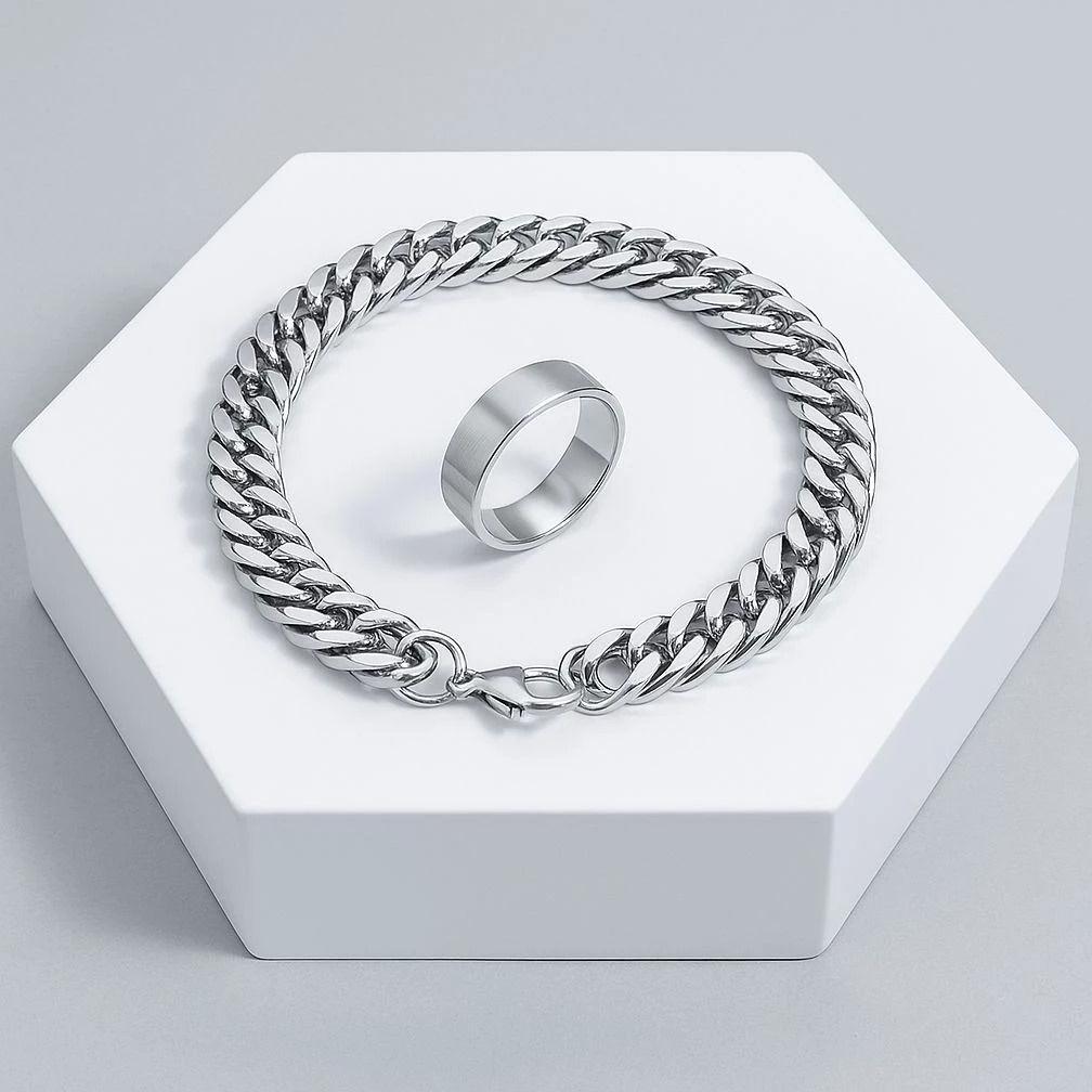 ORIGINAL MURMER - Satu Paket Gelang Rantai Titanium Dan Cincin Model Punk Pria Dan Wanita