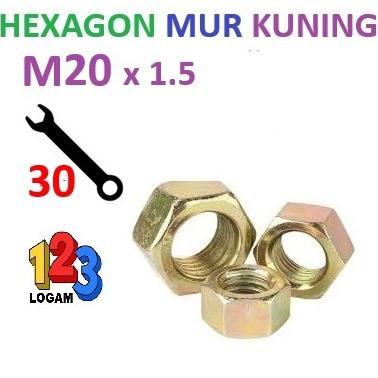 Mur M20 Kuning Galvanis Hexagon Besi Kunci Baut 30 Drat Halus 1.5