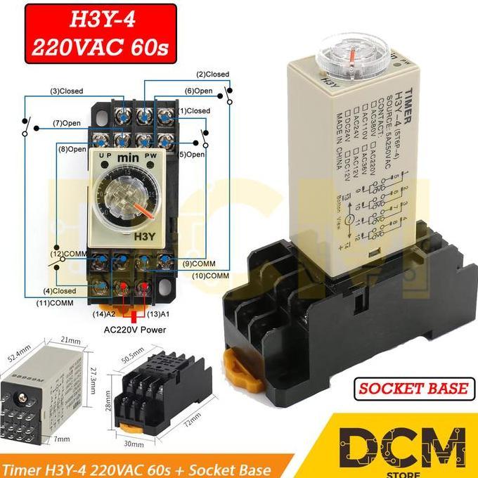 Timer H3Y-2 H3Y-4 H3Y 2 H3Y 4 12V / 24V Dc 60S 1Min Delay Relay Dpdt + Socket Base Hemat