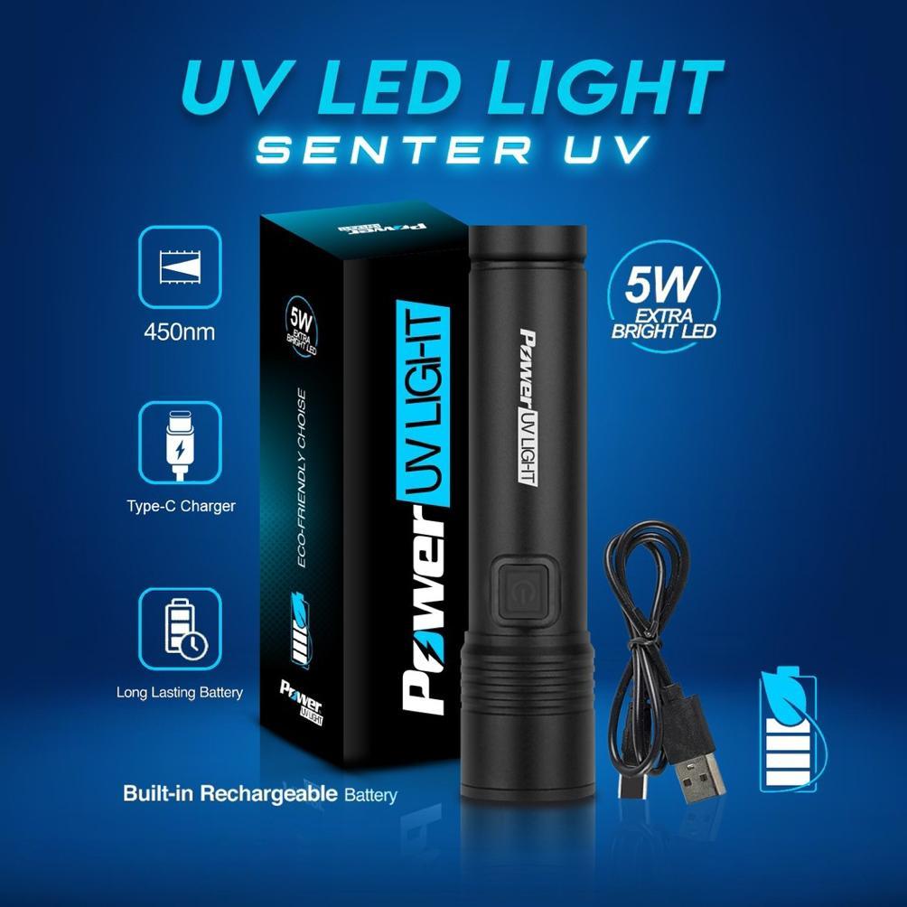 Senter UV Power Uv Light Cas LED Ultraviolet 450nm Charger Type C Untuk Assist Hook Metal Jig