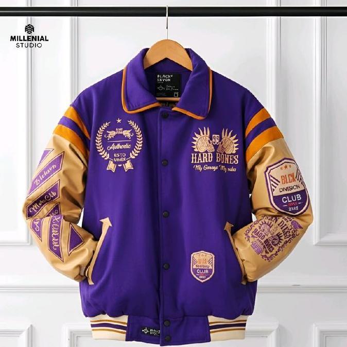 VARSITY JACKET SAN DIEGO HARD BONES PURPLE CREAM | JAKET BASEBALL KERAH BORDIR ORIGINAL UNISEX Nyama